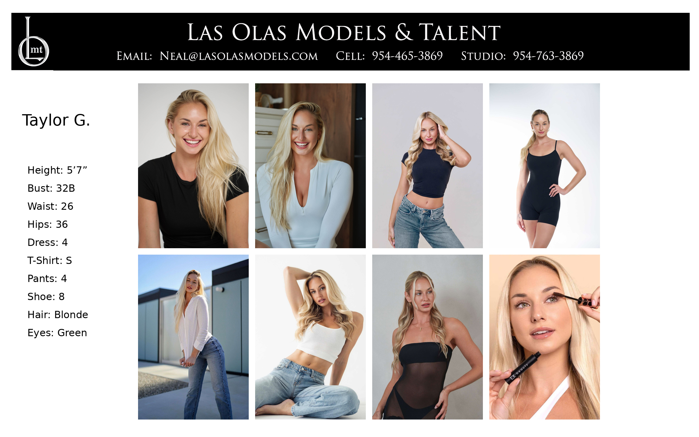 Taylor G. comp card with eight photos and model measurements